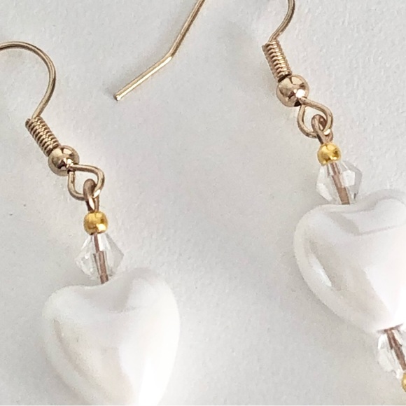 New White Ceramic Heart Glass Crystal Beaded Dangling Earrings Handmade Unique - Picture 7 of 9